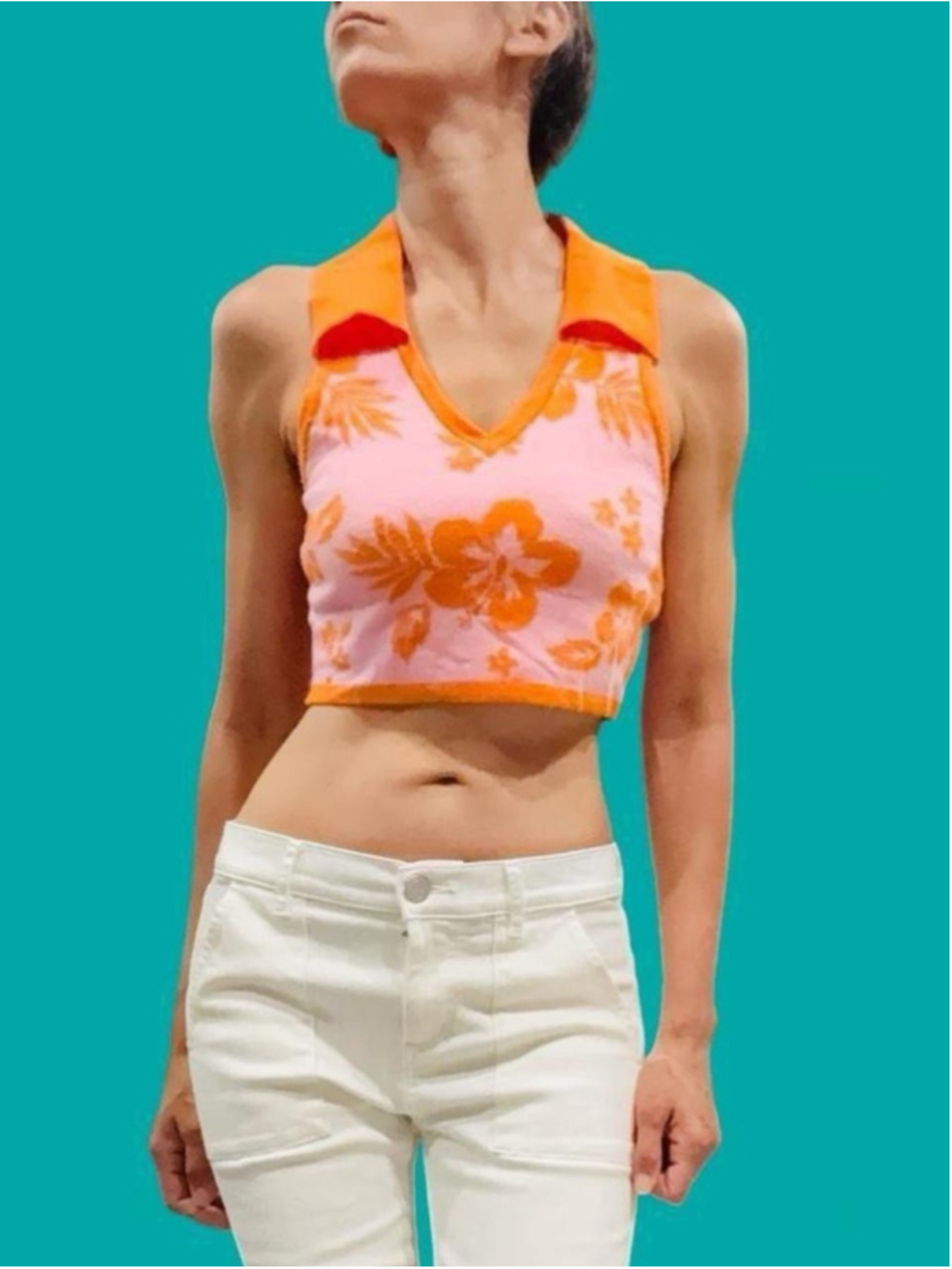 Wild Fable Y2K Pink Orange Hibiscus Floral Cropped Sweater Vest Top XS